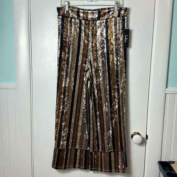 NWT Lulus Frou Frou Tan Multi Striped Velvet Cropped Wide-Leg Pants Large - Picture 2 of 12